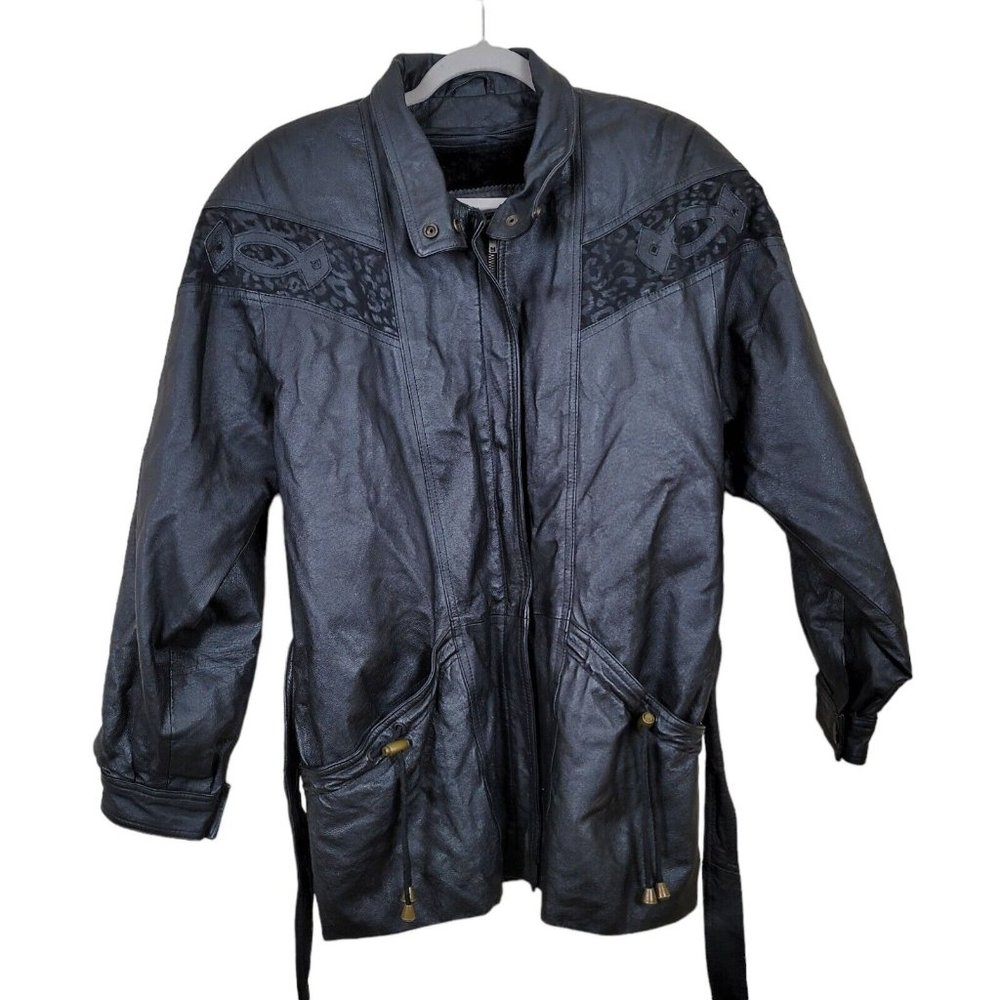 Vintage Leoni Long Genuine western Leather Jacket Waist Tie Women's Sz L Black